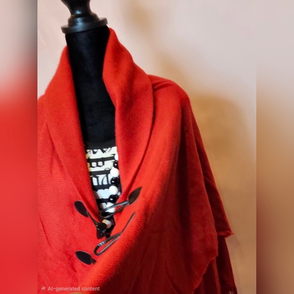 Bohemian Red Fringe Shawl Wrap / Toggle Front Cape - One Size - Picture 8 of 16